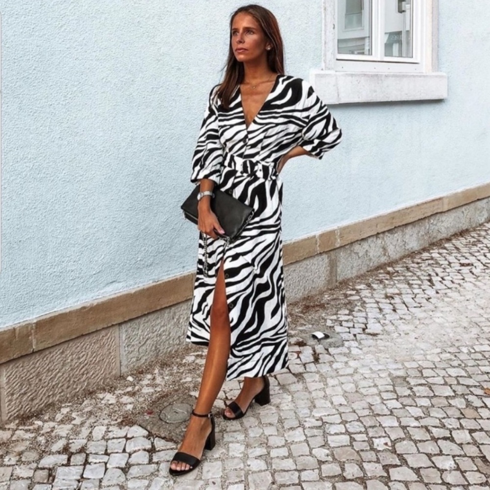 Zara animal print Zebra Midi Dress Button Down XS